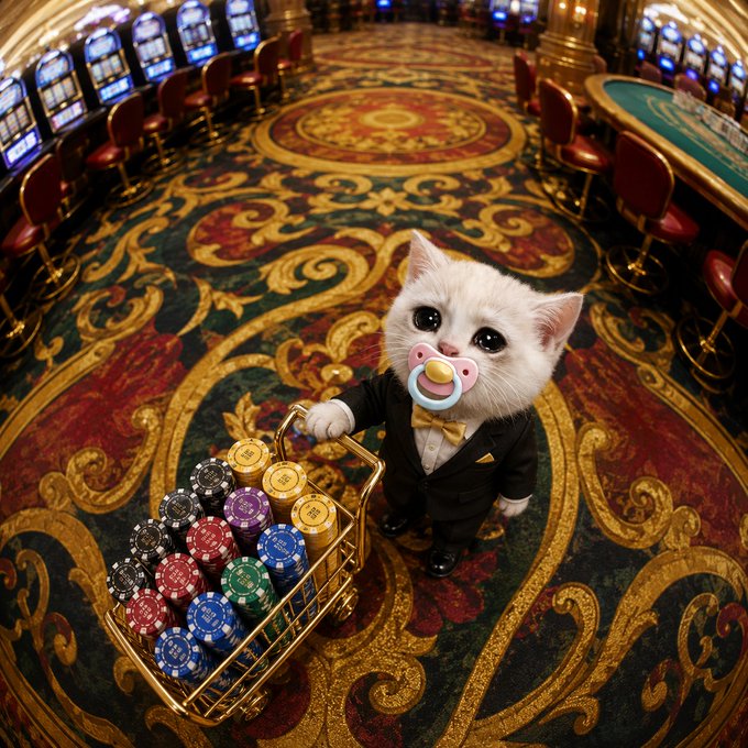 A white kitten in a tuxedo with a pacifier stands next to a shopping cart full of casino chips in an ornate casino setting.