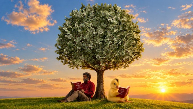 A man and an oversized chick sit peacefully under a leafy tree at sunset, each reading a book titled "The Bitcoin Standard." The whimsical scene of shared quiet reading pairs with the bullish $DINKY announcement, celebrating a new all-time high with a calm, golden-hour vibe.
