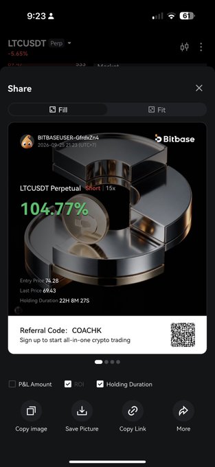 A mobile screenshot showing a Bitbase trading share screen for LTCUSDT Perpetual with a +104.77% gain, entry price of 26.28, last price of 69.43, and referral code COACHK displayed.