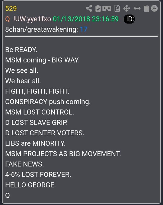 A QAnon post on 8chan titled 'greatawakening' containing coded phrases like 'Be READY', 'MSM coming - BIG WAY', 'FIGHT, FIGHT, FIGHT', and 'HELLO GEORGE'.