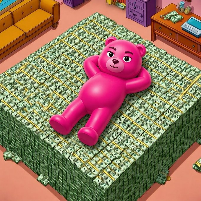 A cartoon scene shows a pink teddy bear lounging on a massive cube made of stacked US dollar bills in a room with a yellow sofa and wooden furniture.