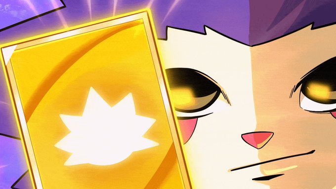 A close-up, anime-style illustration of a cat-like character with glowing yellow eyes holding up a yellow card or shield with a white starburst design.