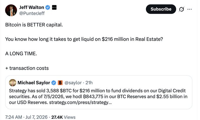 The image shows a tweet from Jeff Walton (@PunterJeff) quoting Michael Saylor's announcement that Strategy sold 3,588 $BTC for $216 million to fund dividends, with Walton arguing "Bitcoin is BETTER capital" because liquidating $216 million in real estate takes "a long time" plus transaction costs. This aligns with the post's sentiment by highlighting Bitcoin's advantage over traditional illiquid assets like real estate, reinforcing the "bitcoiners are idiots" critique of those who fail to recognize this property of Bitcoin.
