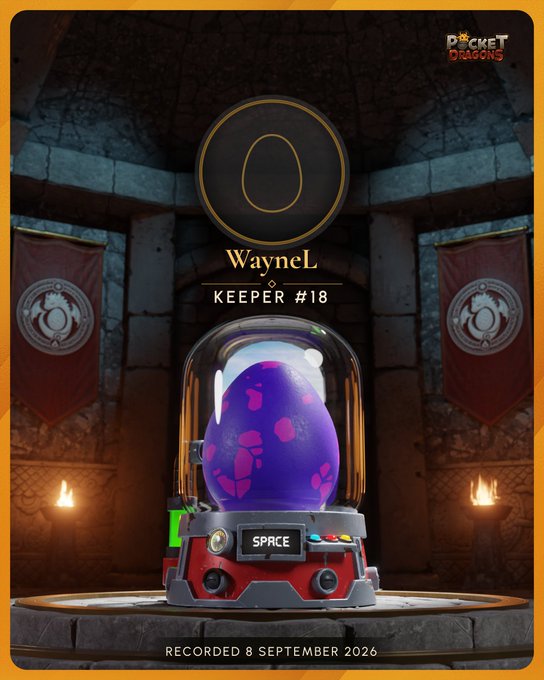 A digital collectible card from Pocket Dragons showing a purple speckled egg labeled 'SPACE' in a glass dome container, identified as 'WayneL, KEEPER #18, RECORDED 8 SEPTEMBER 2026.'