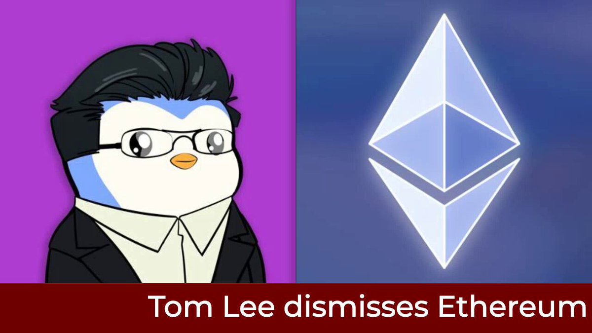 The image features a cartoon penguin wearing glasses and dressed in formal attire, standing next to a purple square with an Ethereum symbol inside of it. The image also includes text that reads "Tom Lee dismisses Etherium @fundstrat".