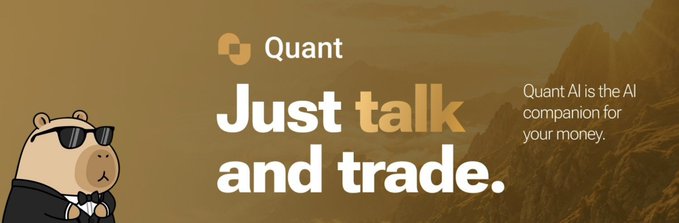 An advertisement for 'Quant' AI, featuring a bear mascot in sunglasses and tuxedo with the text 'Just talk and trade' and 'Quant AI is the AI companion for your money.'