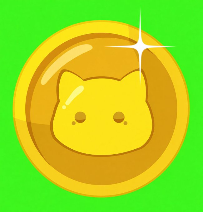 A digital illustration of a golden coin featuring a cute cat face design on a bright green background, with a starburst shine effect on the upper right.