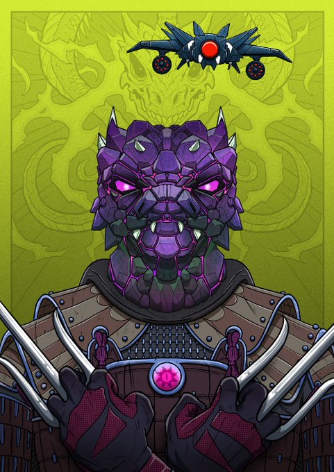 A stylized illustration of a character with a purple crystalline gorilla-like mask and glowing pink eyes, wearing dark armor with metal claws, set against a lime green background with a dragon motif and a small flying ship above.