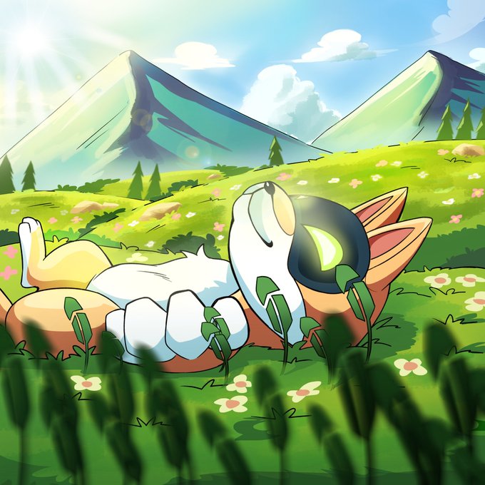 A cartoon-style image shows a small dog character peacefully sleeping on its back in a vibrant green meadow filled with flowers, with majestic mountains and a bright sunny sky in the background. The serene scene of an innocent creature napping amid nature complements the post's message about waking up with optimistic faith in "Robinhood."