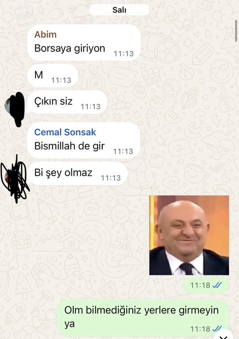 WhatsApp group chat screenshot titled 'Salı' in Turkish with messages including 'Borsaya giriyoyon,' 'Çıkın siz,' 'Bismillah de gir,' and 'Bi şey olmaz,' along with a profile photo of a bald smiling man in a suit.