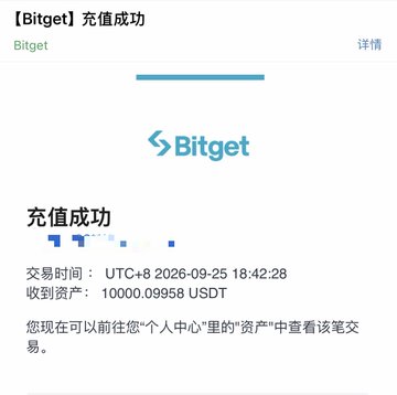 A Bitget deposit success notification in Chinese showing receipt of 10000.09958 USDT on 2026-09-25.