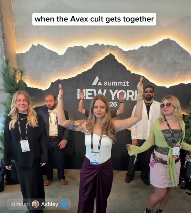A group of people pose with their arms raised in front of a mountain-themed backdrop displaying 'summit NEW YORK' at what appears to be a conference or event, with text overlay reading 'when the Avax cult gets together'.