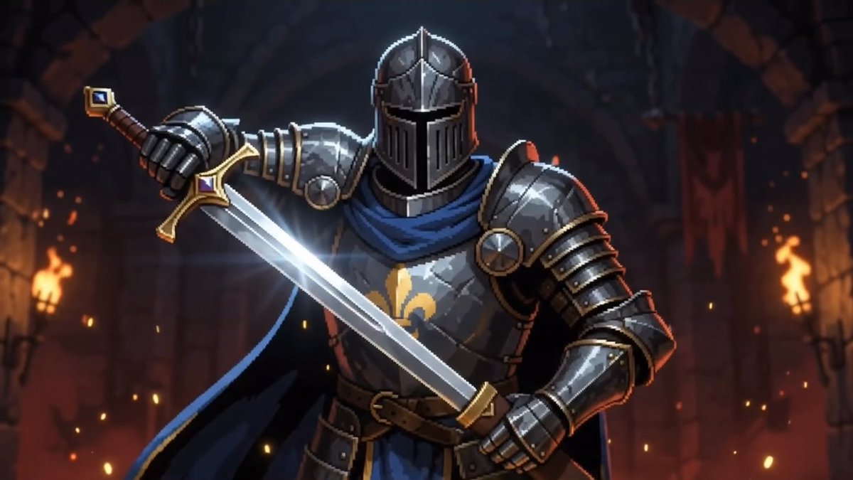 A digital illustration of an armored knight holding a glowing sword, wearing a helmet and blue cape in a dark, fiery medieval setting.