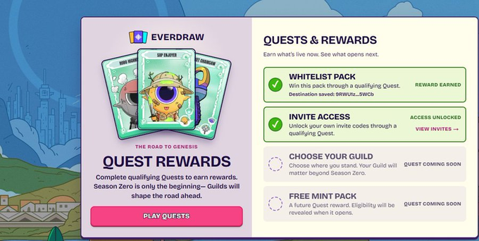 The Everdraw "Quest Rewards" page shows that the user has completed the "Whitelist Pack" quest (earning the BRWUT2...5WCG destination save) and unlocked invites through the "Invite Access" quest, while two upcoming rewards—"Choose Your Guild" and a "Free Mint Pack"—are listed as "Quest Coming Soon." This corresponds to the post's instructions, as the page reflects both the completed first quest (for the whitelist reward) and the unlocked invite code quest, which are the key steps needed to earn WL and generate referral codes during the Season Zero test.