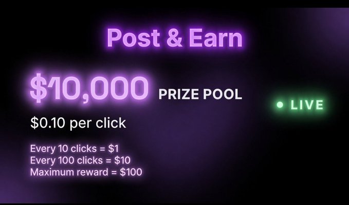 The image displays a poster advertising a prize pool program. The poster features purple and green colors and has a list of criteria for entry into the prize pool. It emphasizes that every 10 clicks will bring $10,000 towards a $30k prize pool, offering a maximum reward of 100 clicks to enter. This is an advertisement for a gambling app, with the promise of high returns on investment through the program's payment system.