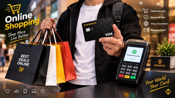 An online shopping promotional image showing a person holding shopping bags and a 'BINANCE VISA' card, with text 'Online Shopping Shop More Live Better' and features like 'Global Brands' and 'Secure & Fast'.