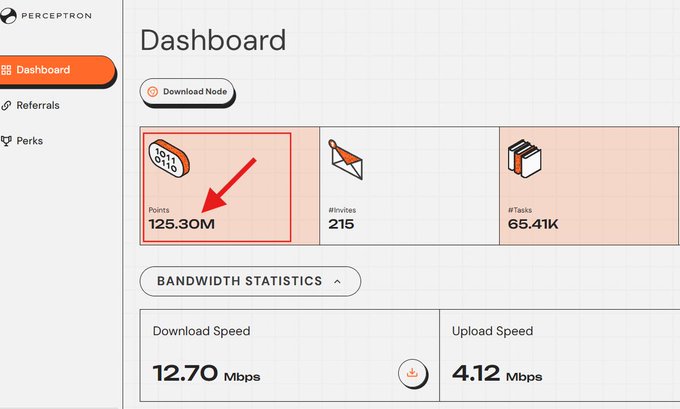 A Perceptron dashboard shows 125.30M points (highlighted with a red box and arrow), 215 invites, 65.41K tasks, with download and upload speeds listed below.