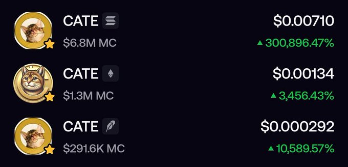 The image shows three "CATE" tokens with cat-themed icons, each listed with market caps of $6.8M, $1.3M, and $291.6K respectively, all displaying astronomical percentage gains (300,896.47%, 3,456.43%, and 10,589.57%) and extremely low prices ($0.00710, $0.00134, $0.000292). This visually illustrates the post's point about how easy token launchpads have made it for anyone to flood the market with near-identical meme tokens, allowing creators to profit massively from buyers who can't distinguish between the many copycat projects.