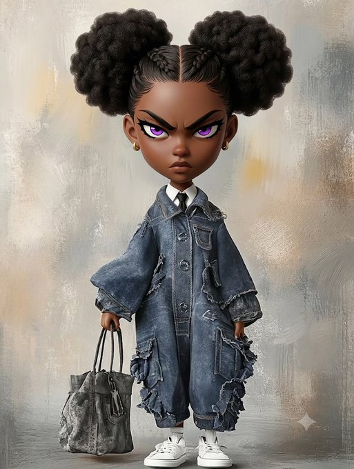 A stylized digital illustration of a young Black girl with large space buns, purple eyes, wearing an oversized denim jacket and carrying a handbag, with an angry expression.