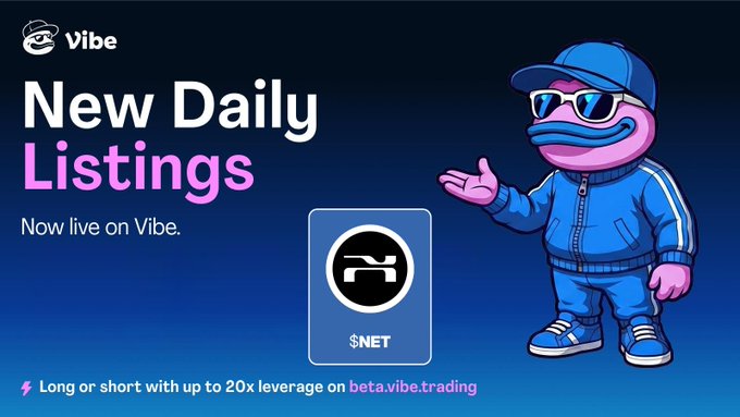 The image features a cartoon character dressed in blue, standing against a dark background with a white border. The character has sunglasses on their head and is holding a sign that says "NET". Below this, there are two lines of text providing information about trading options for @vibe_trading. One line reads "New Daily Listicings", while the other states "Now live on Vibe." This suggests that the image might be related to a post or article discussing trading strategies and options in the context of @vibe's trading platform.