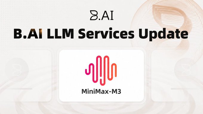 The image features a poster for an app called "MiniMax M3" that has been updated, with the text "B.AI LTMM Services Update" written above it. The poster also includes a hand-drawn illustration of a wave below the title and logo. The image is related to the post because it promotes the new update on the app, which is now live and available for use.