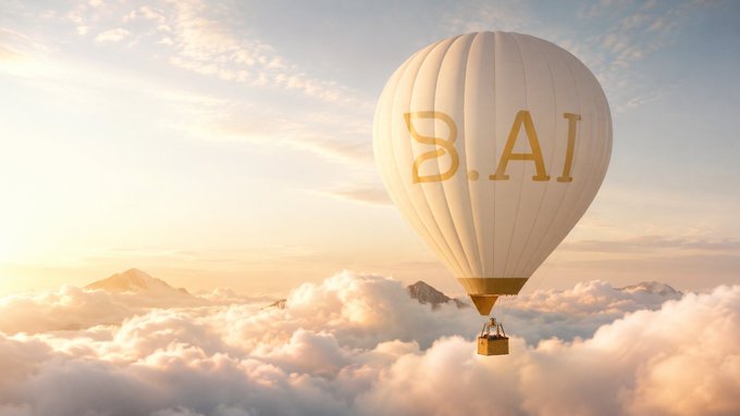 A surreal image of a hot air balloon floating above clouds at sunset, featuring the text 'B.AI' written on its surface in golden letters.