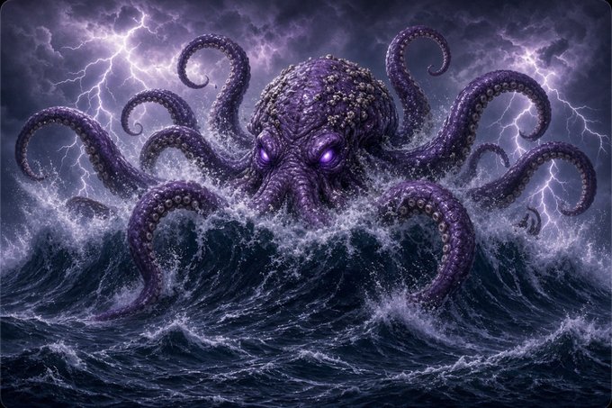 A dramatic fantasy illustration of a purple octopus-like creature with glowing purple eyes emerging from stormy ocean waves, set against a dark sky filled with lightning strikes.