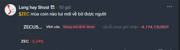 A trading interface snippet showing a post titled 'Long hay Short $ZEC' with a current P/L of '-4.174.13USDT' on a short position for ZECUSDT.