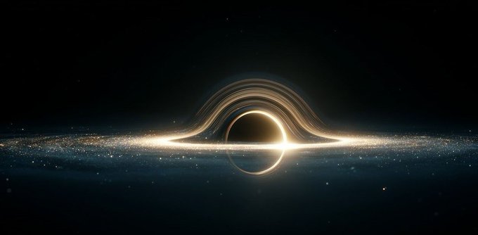 Artistic depiction of a black hole in space with a glowing accretion disk and warped light rings against a starry background.