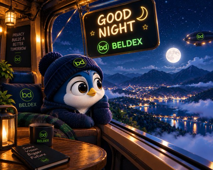 A digital illustration of a cute penguin character wearing a 'BELDEX' beanie looking out a window at night, with a 'GOOD NIGHT' sign and the text 'PRIVACY BUILDS A BETTER TOMORROW'.