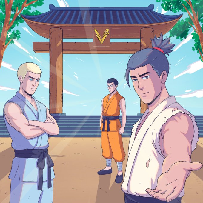 The image depicts three martial artists in traditional training attire standing before an ornate Japanese torii gate, with the foreground figure extending his hand in an inviting gesture toward the viewer. This visually embodies the caption's message of taking the first step through the threshold into "VEY-KORA," a fictional world where only those who dare to enter will discover what lies beyond the gateway.