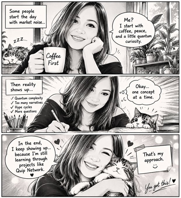 A black-and-white comic strip showing a young woman holding a 'Coffee First' mug and snuggling a cat, with captions reading 'Some people start the day with market noise... Me? I start with coffee, peace, and a little quantum curiosity,' 'Then reality shows up...' listing 'Quantum complexity, Too many narratives, Hype cycles, More questions,' 'Okay... one concept at a time,' 'In the end, I keep showing up... because I'm still learning through projects like Quip Network,' and 'That's my approach. You got this!'
