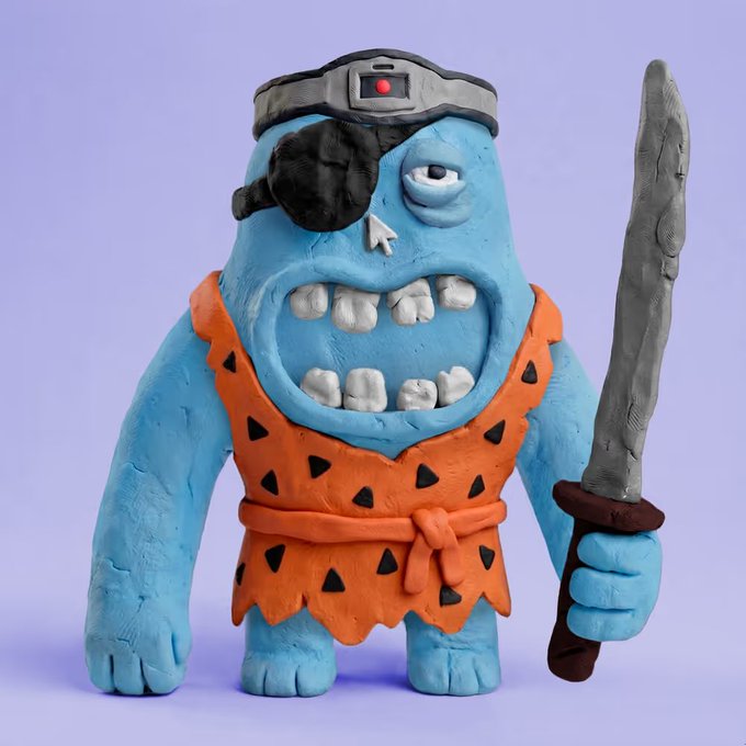 A blue claymation-style monster figurine wearing an orange tunic with black triangles, an eyepatch, and a headband with a red light, while holding a gray sword.