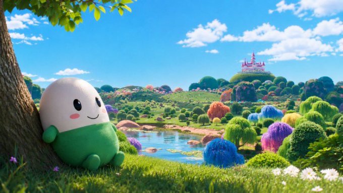 A vibrant, colorful 3D landscape illustration featuring a cute round green and white character leaning against a tree, with a whimsical floating castle in the background.
