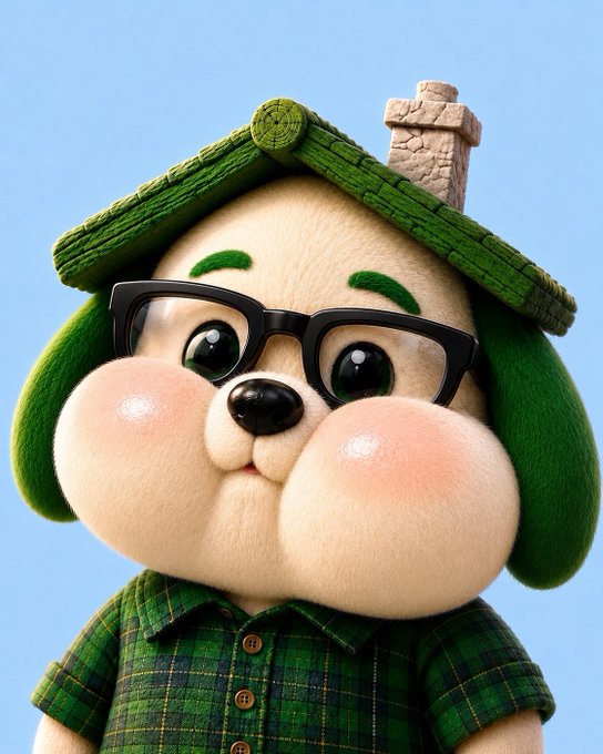 A 3D-rendered plush-style character of a chubby dog with green floppy ears, black-rimmed glasses, rosy cheeks, wearing a green plaid shirt and a green textured hat with a small stone chimney on top, set against a light blue sky.