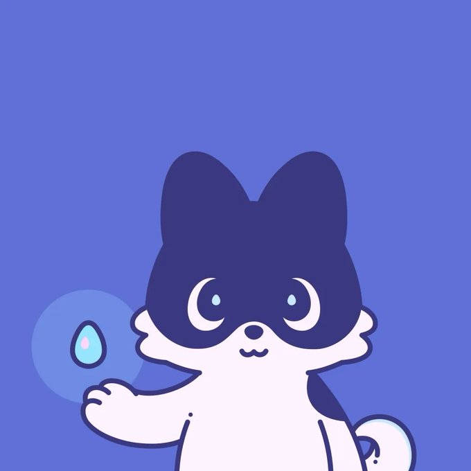 An illustration of a cute cartoon dog with dark blue ears and white body on a periwinkle blue background, featuring a small blue droplet near its paw.