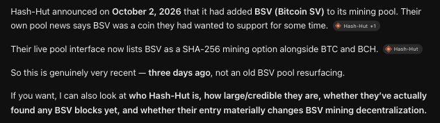 A text message exchange discussing Hash-Hut mining pool's announcement on October 2, 2026 about adding BSV (Bitcoin SV) to their mining pool as a SHA-256 mining option alongside BTC and BCH.