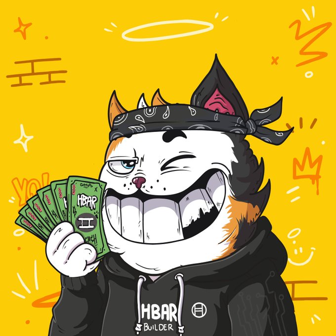A cartoon calico cat character wearing a black bandana with an 'HBAR Builder' hoodie holds fan-shaped green HBAR cryptocurrency notes, set against a bright yellow background with a halo and decorative elements.