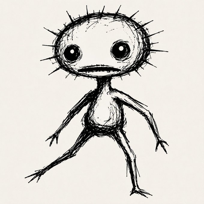 A black-and-white sketch of a quirky, alien-like character with a large spiky head, big round eyes, and a thin, lanky body.
