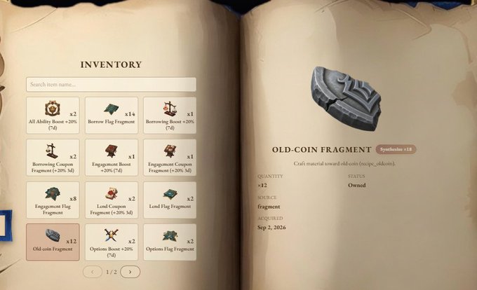 A video game inventory screen showing various upgrade items like 'All Ability Boost', 'Borrowing Boost', and 'Engagement Boost' fragments, with the 'Old-Coin Fragment' selected, showing a quantity of 12 and acquired on Sep 2, 2026.