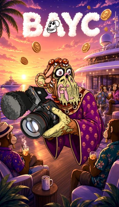 The image depicts a cartoonish zombie-like ape dressed in a purple skull-patterned robe, holding a large camera on a luxurious yacht deck at sunset, surrounded by other Bored Ape characters enjoying drinks, with floating coins and the cloud-formed text "BAYC" above, perfectly capturing the lavish lifestyle branding of the Bored Ape Yacht Club.
