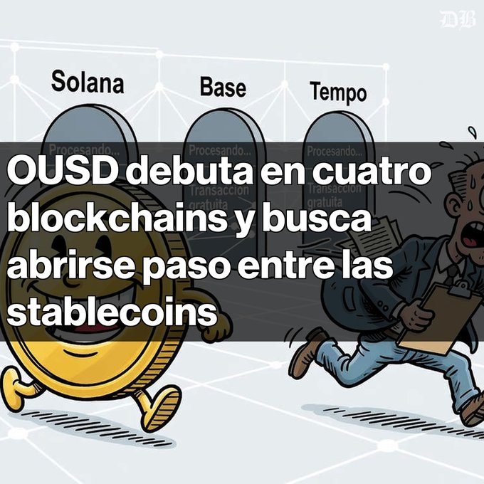 Spanish-language crypto news graphic stating 'OUSD debuta en cuatro blockchains y busca abrirse paso entre las stablecoins', showing a gold coin character running past tombstone-shaped logos labeled Solana, Base, and Tempo with 'Procesando...' text.