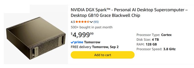 An Amazon product listing shows the NVIDIA DGX Spark™ Personal AI Desktop Supercomputer with a GB10 Grace Blackwell Chip priced at $4,999.99 (rated 4.3 stars from 93 reviews), reinforcing the post's claim that buyers previously considered $4,000 too expensive for the desktop AI supercomputer.