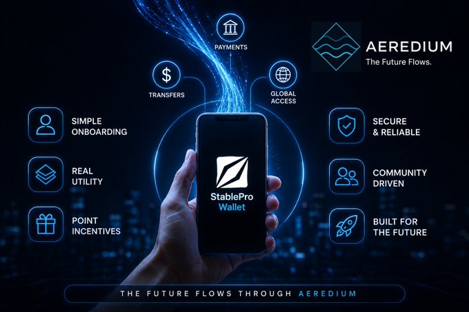 The image shows a person holding up their phone, which displays information about StablePro Wallet. The wallet is described as a "smart" card that allows users to send and receive money through various methods such as bank transfers or mobile payments. It also offers features like real utility, point incentives for early users, and the ability to build a community of users who drive its growth. The image emphasizes the convenience and benefits of using StablePro Wallet in today's digital age.