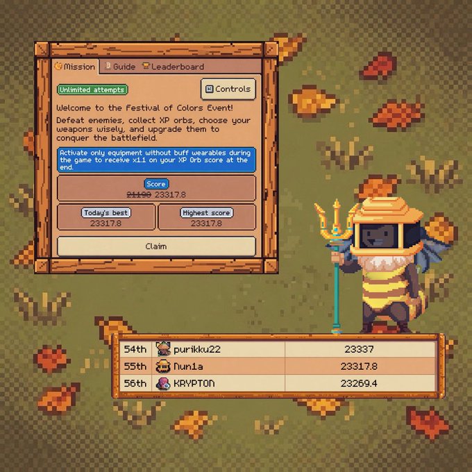 A pixel-art game interface showing a 'Festival of Colors Event' with mission details, a score of 233178, and a leaderboard ranking the player 'Nunla' at 55th place, featuring a character in a beehive costume holding a trident.