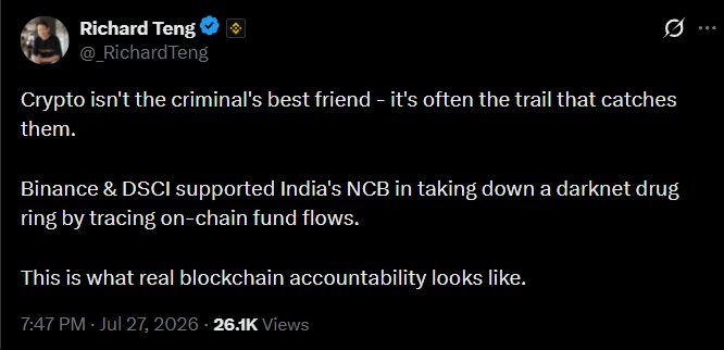 A tweet from Richard Teng (@_RichardTeng) stating: 'Crypto isn't the criminal's best friend - it's often the trail that catches them. Binance & DSCI supported India's NCB in taking down a darknet drug ring by tracing on-chain fund flows. This is what real blockchain accountability looks like.'