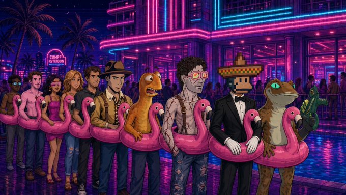 A vibrant pixel-art scene depicting a diverse group of characters—including dinosaurs, an Indiana Jones-like figure, and a sombrero-wearing skeleton—holding pink flamingo pool floats outside a neon-lit 'Comps Station' building.