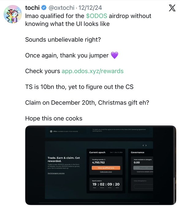 A tweet from @oxtochi announcing they qualified for the $ODOS airdrop without knowing the UI, showing a pending reward of 4,793,752 tokens to claim on December 20th, with the post highlighting how Jumper strategically routed swaps to help users qualify for interop airdrops like Wormhole, LayerZero, and Odos.