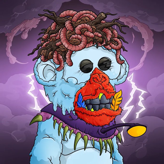A cartoon illustration of a monstrous blue creature with worms emerging from its head, a red furry beard, black button eyes, and a spiked purple collar against a purple sky with lightning.