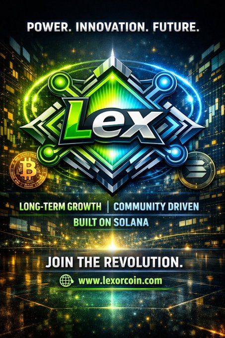 The image features a poster for LexorCoin, a community-driven crypto built on Solana focused on long-term growth and valuecreation. The poster includes a logo with a green triangle and blue lines, surrounded by gold stars, which represents the concept of a digital currency or blockchain. The text on the poster highlights the vision, roadmap, and token details for joining the revolution in this innovative space.
